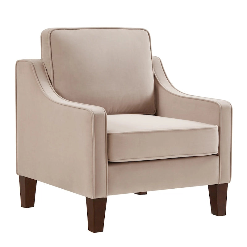 Fauteuil moderne en velours taupe/noir/bleu marine avec pieds en bois - Usage unique