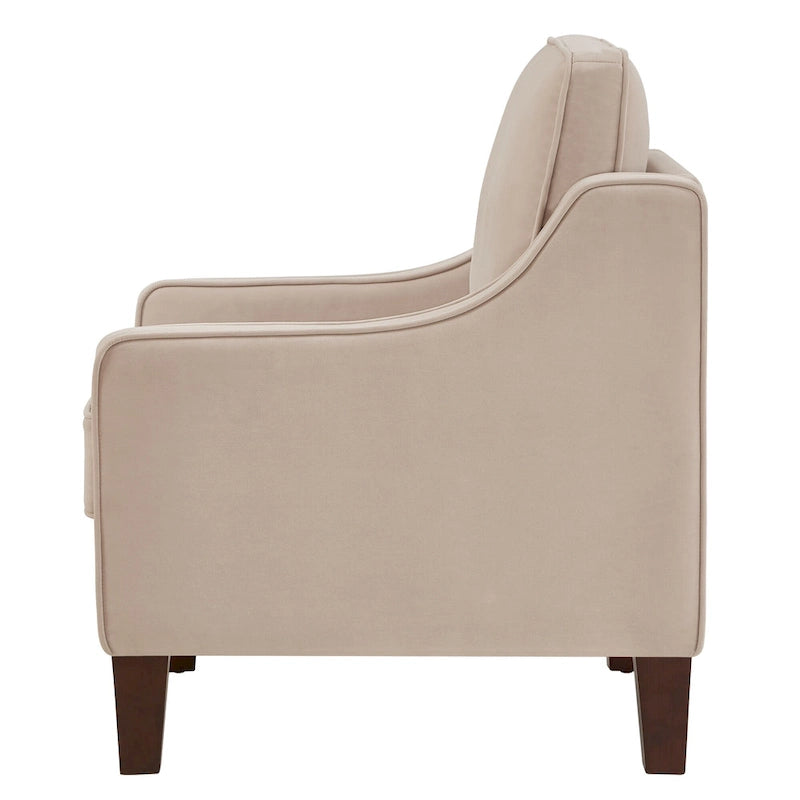 Fauteuil moderne en velours taupe/noir/bleu marine avec pieds en bois - Usage unique