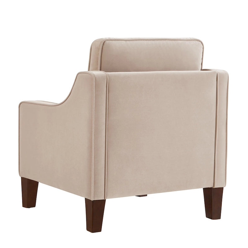 Fauteuil moderne en velours taupe/noir/bleu marine avec pieds en bois - Usage unique