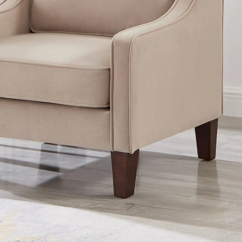 Fauteuil moderne en velours taupe/noir/bleu marine avec pieds en bois - Usage unique