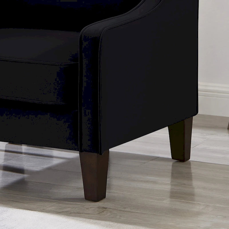 Fauteuil moderne en velours taupe/noir/bleu marine avec pieds en bois - Usage unique