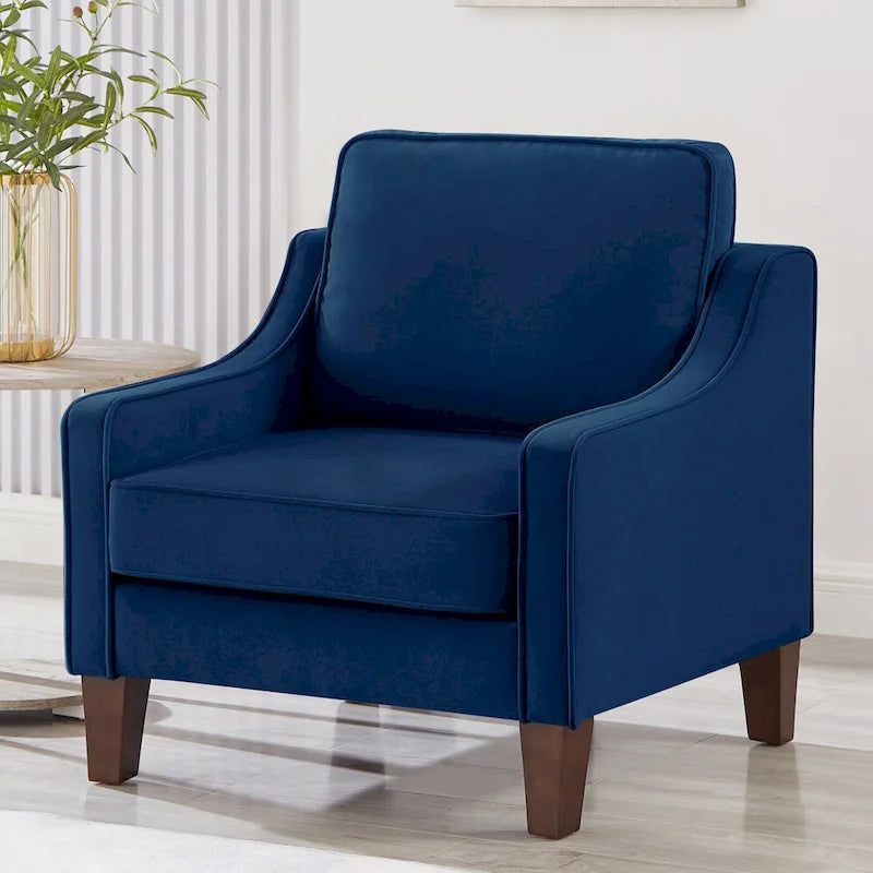 Fauteuil moderne en velours taupe/noir/bleu marine avec pieds en bois - Usage unique