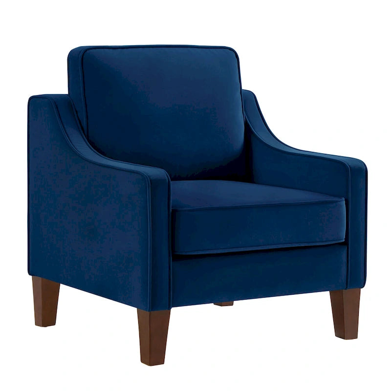 Fauteuil moderne en velours taupe/noir/bleu marine avec pieds en bois - Usage unique