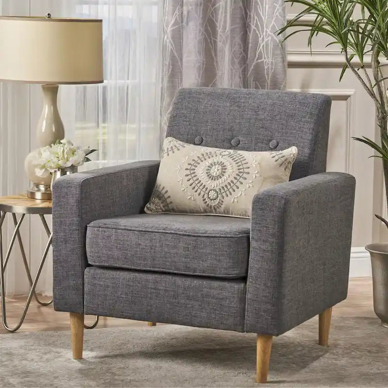 Fauteuil Club en Tissu Tweed Mid-Century Modern Bleu Foncé / Vert Foncé / Gris / Gris Clair – Usage unique