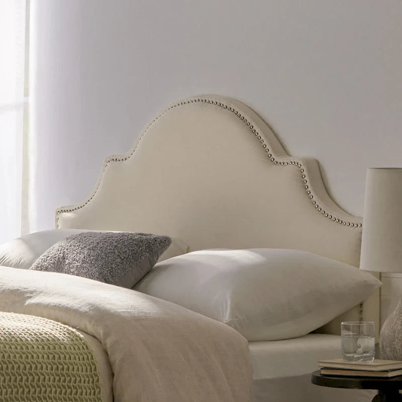 Tête de lit capitonnée, couleur ivoire/gris clair/beige/gris-chameau, avec garniture cloutée - Usage unique