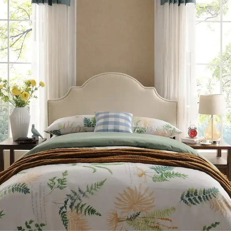 Tête de lit capitonnée, couleur ivoire/gris clair/beige/gris-chameau, avec garniture cloutée - Usage unique