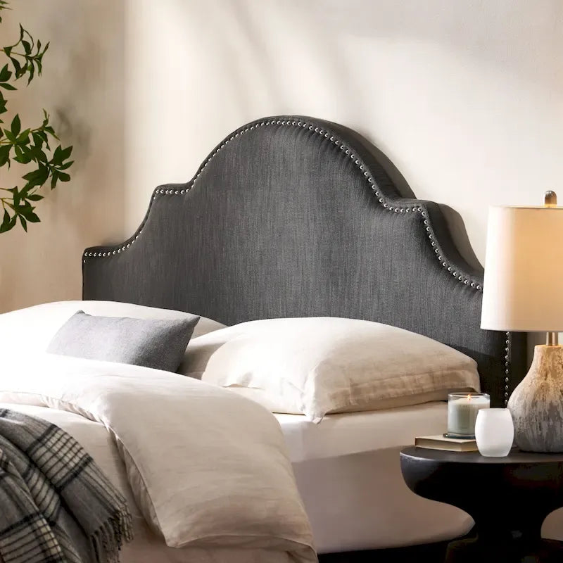 Tête de lit capitonnée, couleur ivoire/gris clair/beige/gris-chameau, avec garniture cloutée - Usage unique