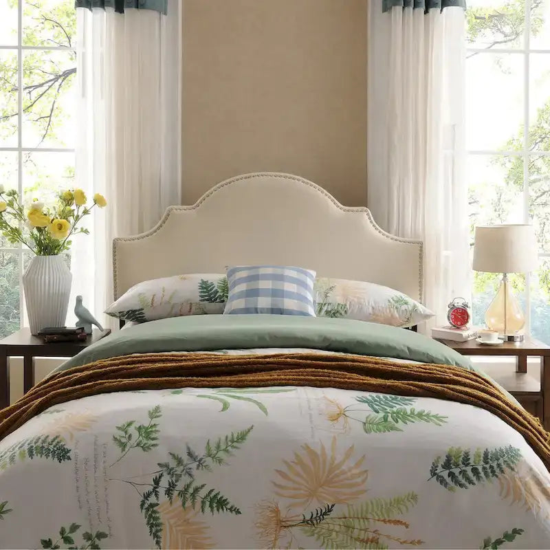 Tête de lit capitonnée, couleur ivoire/gris clair/beige/gris-chameau, avec garniture cloutée - Usage unique
