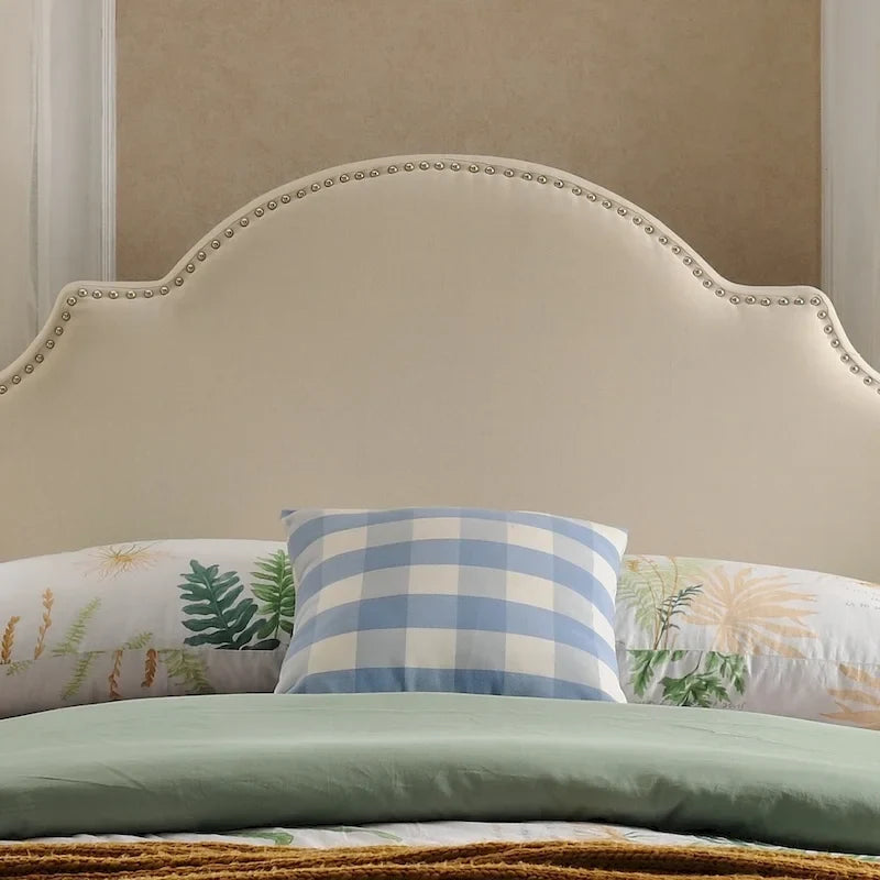 Tête de lit capitonnée, couleur ivoire/gris clair/beige/gris-chameau, avec garniture cloutée - Usage unique