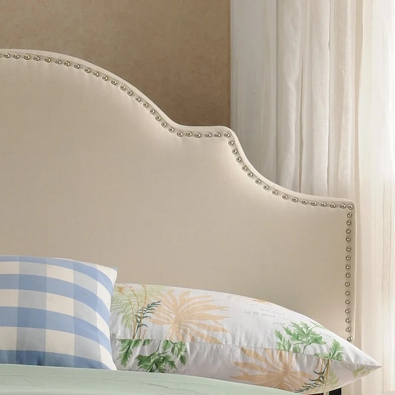 Tête de lit capitonnée, couleur ivoire/gris clair/beige/gris-chameau, avec garniture cloutée - Usage unique