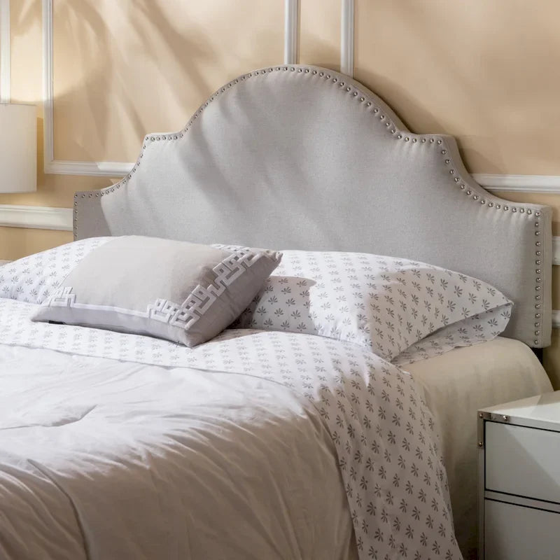Tête de lit capitonnée, couleur ivoire/gris clair/beige/gris-chameau, avec garniture cloutée - Usage unique