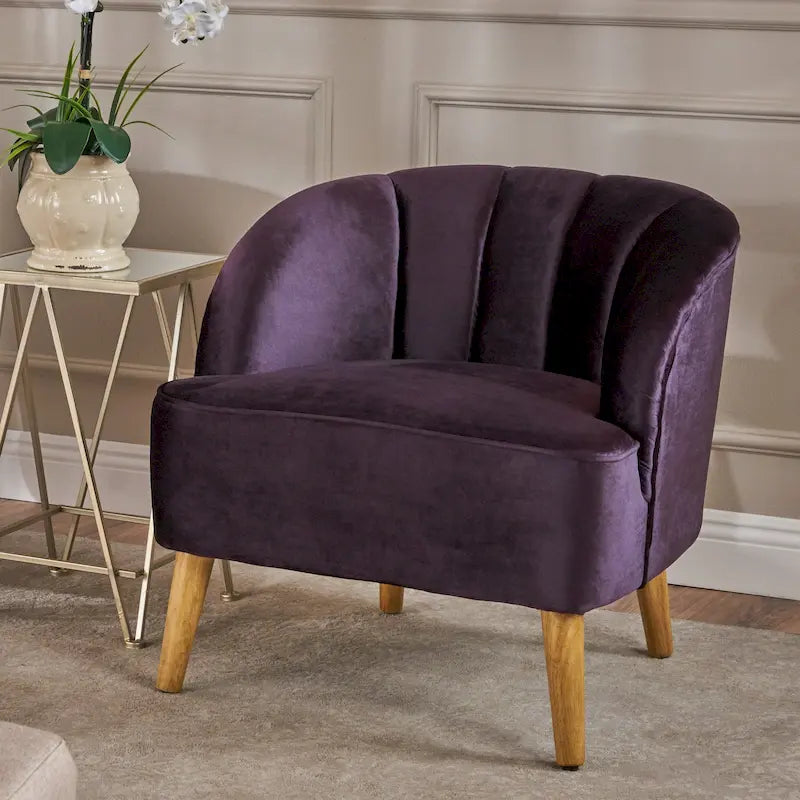 Fauteuil club moderne en velours cobalt/étain/bleu marine/noir/mûre avec pieds en bouleau noyer - Usage unique