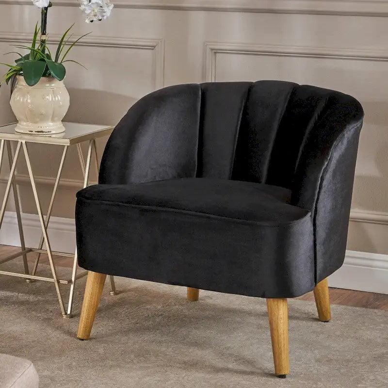 Fauteuil club moderne en velours cobalt/étain/bleu marine/noir/mûre avec pieds en bouleau noyer - Usage unique