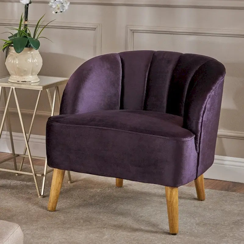 Fauteuil club moderne en velours cobalt/étain/bleu marine/noir/mûre avec pieds en bouleau noyer - Usage unique