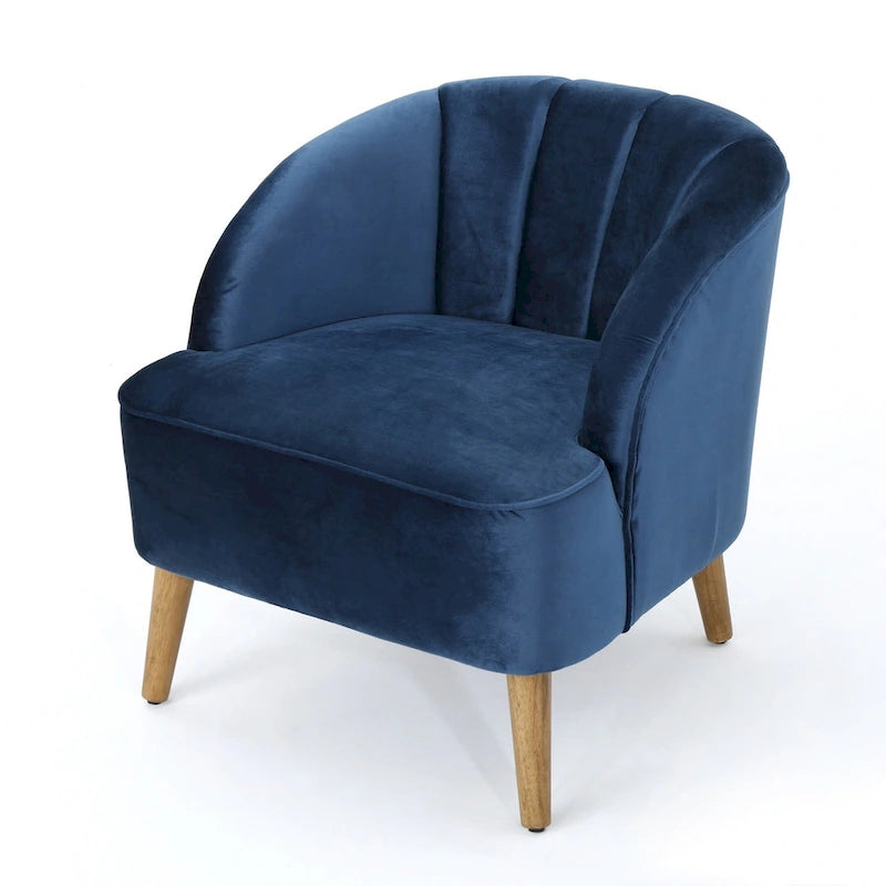 Fauteuil club moderne en velours cobalt/étain/bleu marine/noir/mûre avec pieds en bouleau noyer - Usage unique