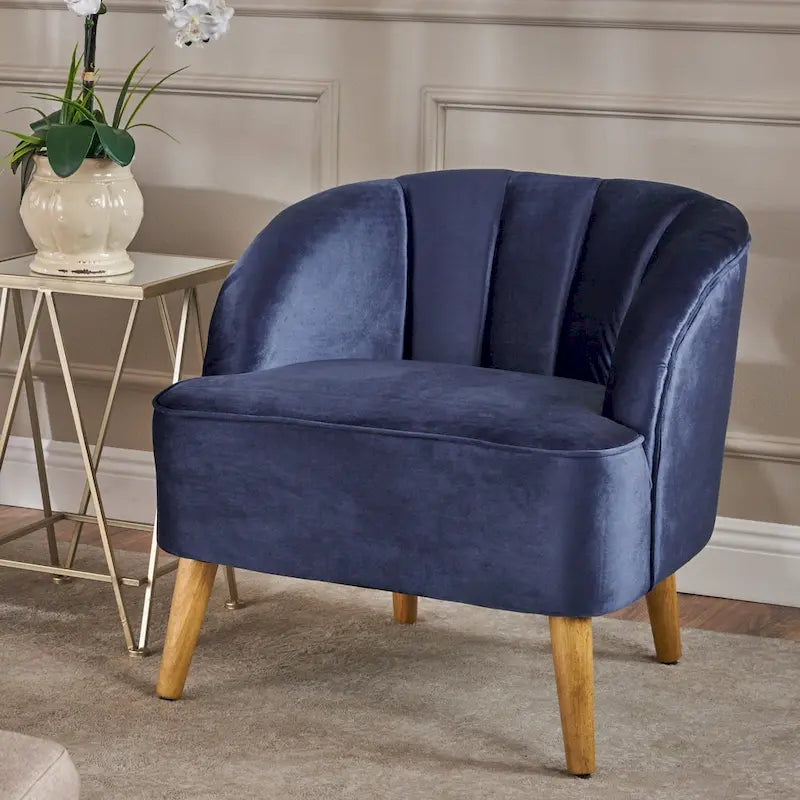 Fauteuil club moderne en velours cobalt/étain/bleu marine/noir/mûre avec pieds en bouleau noyer - Usage unique