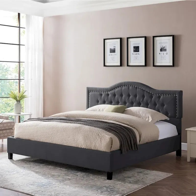 Cadre de lit rembourré King traditionnel Gris clair / Gris foncé - Pour 2 personnes