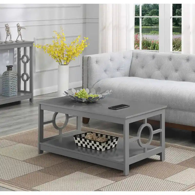 Table basse contemporaine à cadre annulaire, gris/noir/blanc, avec étagère inférieure
