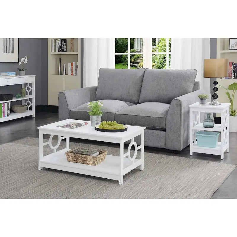 Table basse contemporaine à cadre annulaire, gris/noir/blanc, avec étagère inférieure