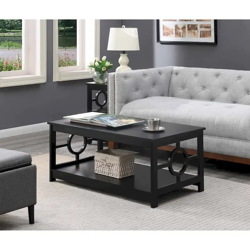 Table basse contemporaine à cadre annulaire, gris/noir/blanc, avec étagère inférieure