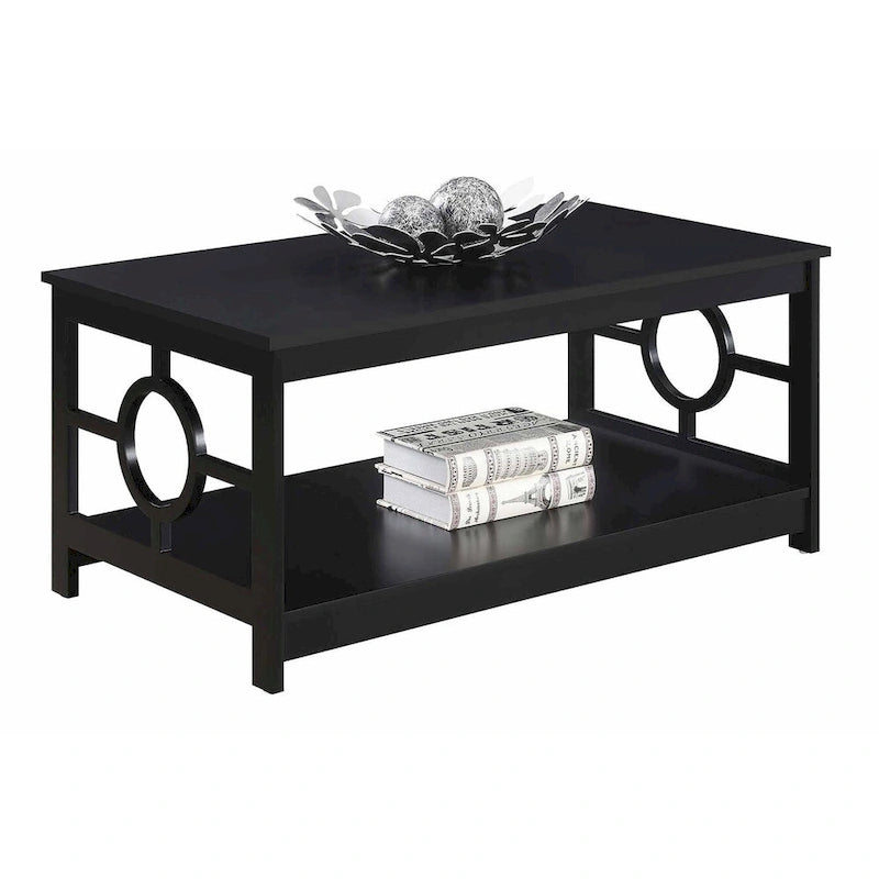 Table basse contemporaine à cadre annulaire, gris/noir/blanc, avec étagère inférieure