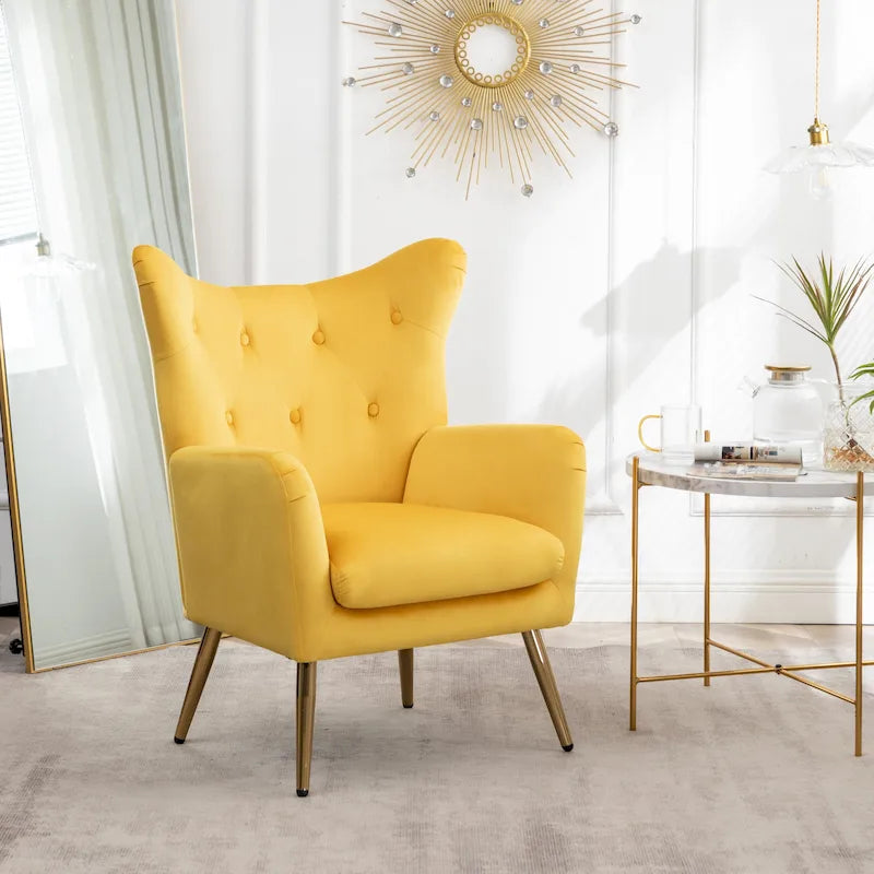 Fauteuil d'appoint dossier capitonné en velours vert / bleu / jaune avec pieds en métal doré - Utilisation unique