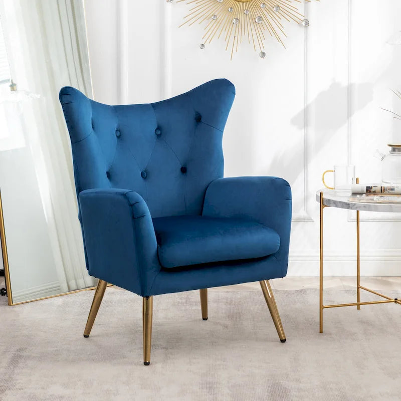 Fauteuil d'appoint dossier capitonné en velours vert / bleu / jaune avec pieds en métal doré - Utilisation unique