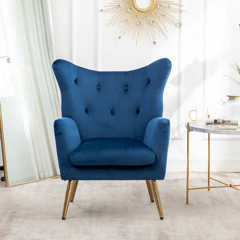 Fauteuil d'appoint dossier capitonné en velours vert / bleu / jaune avec pieds en métal doré - Utilisation unique