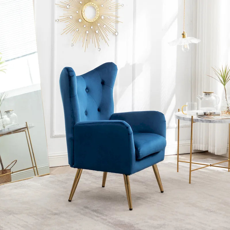 Fauteuil d'appoint dossier capitonné en velours vert / bleu / jaune avec pieds en métal doré - Utilisation unique