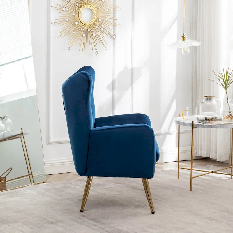 Fauteuil d'appoint dossier capitonné en velours vert / bleu / jaune avec pieds en métal doré - Utilisation unique