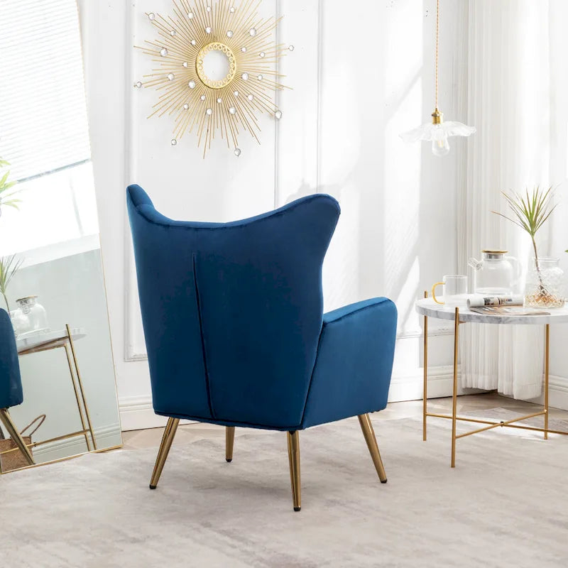 Fauteuil d'appoint dossier capitonné en velours vert / bleu / jaune avec pieds en métal doré - Utilisation unique