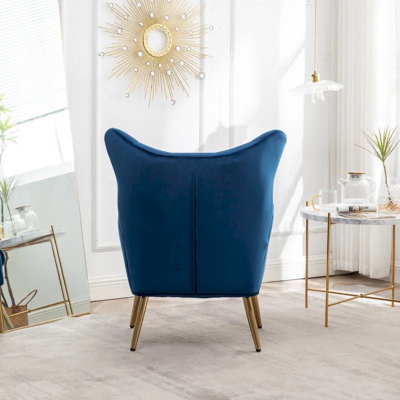 Fauteuil d'appoint dossier capitonné en velours vert / bleu / jaune avec pieds en métal doré - Utilisation unique