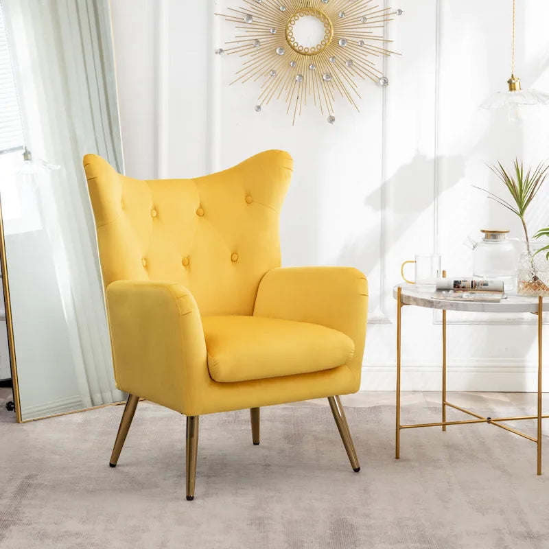 Fauteuil d'appoint dossier capitonné en velours vert / bleu / jaune avec pieds en métal doré - Utilisation unique