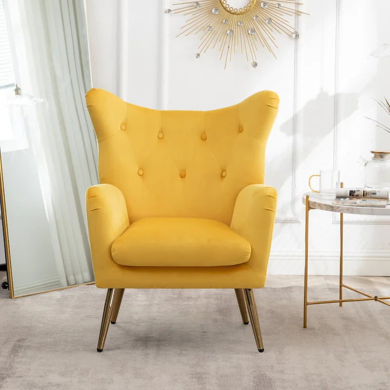 Fauteuil d'appoint dossier capitonné en velours vert / bleu / jaune avec pieds en métal doré - Utilisation unique