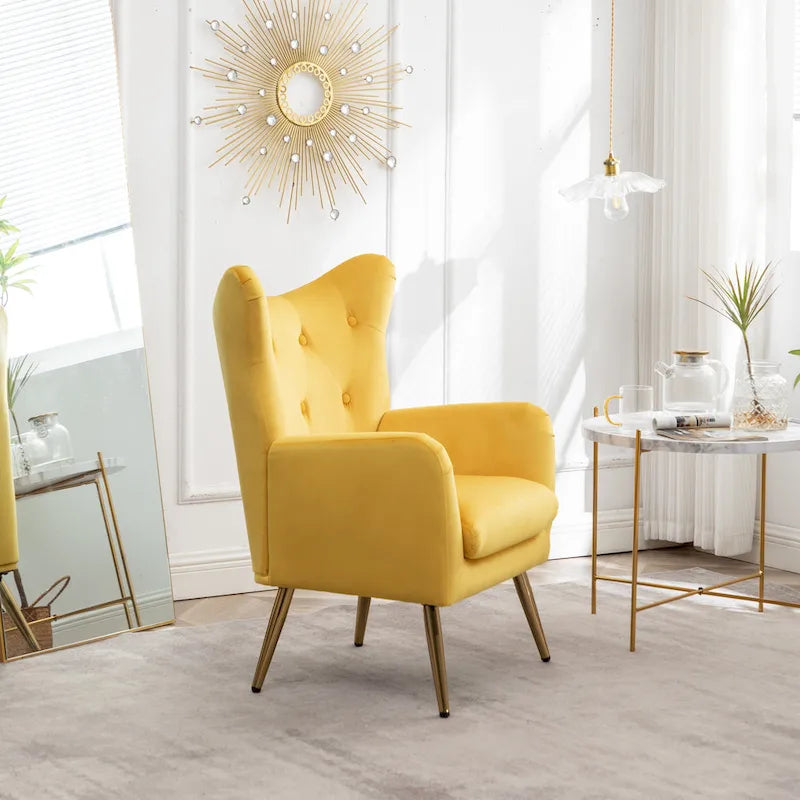 Fauteuil d'appoint dossier capitonné en velours vert / bleu / jaune avec pieds en métal doré - Utilisation unique