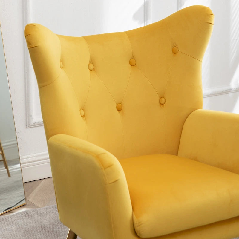 Fauteuil d'appoint dossier capitonné en velours vert / bleu / jaune avec pieds en métal doré - Utilisation unique