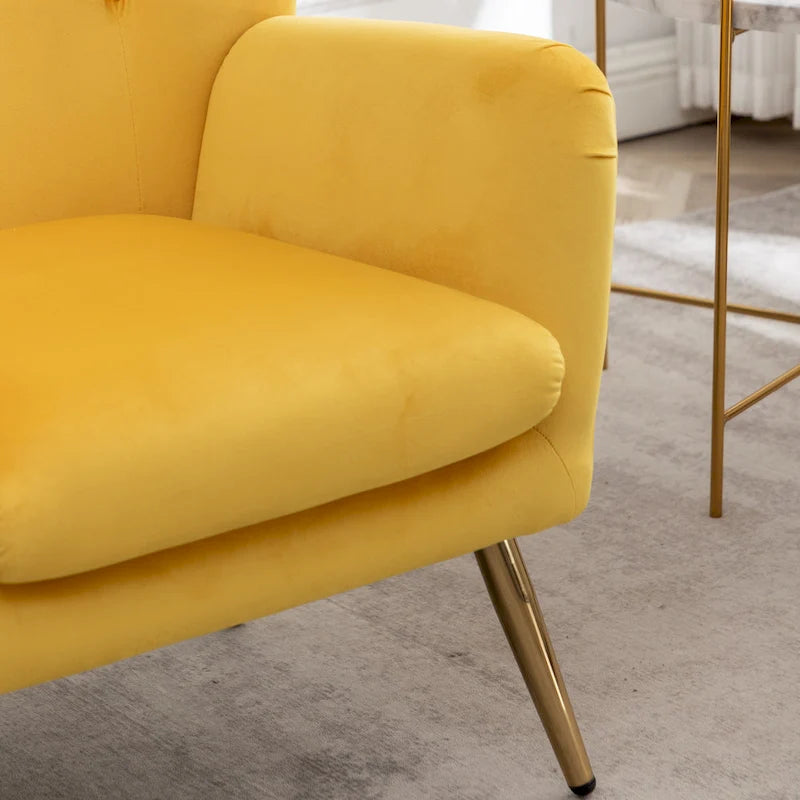 Fauteuil d'appoint dossier capitonné en velours vert / bleu / jaune avec pieds en métal doré - Utilisation unique