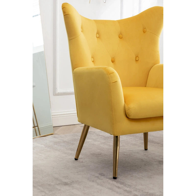 Fauteuil d'appoint dossier capitonné en velours vert / bleu / jaune avec pieds en métal doré - Utilisation unique