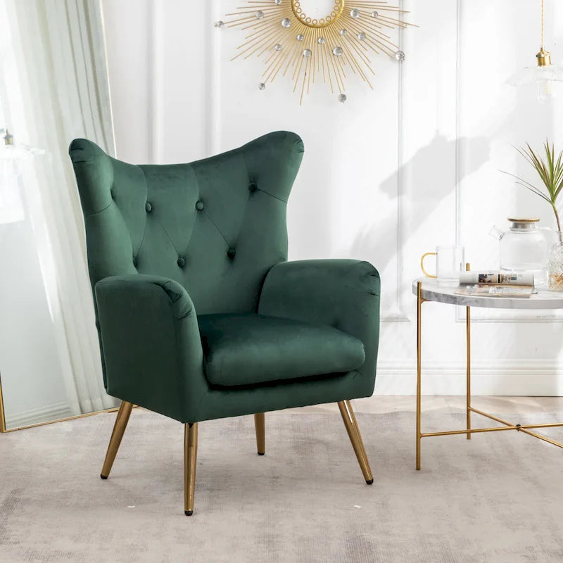Fauteuil d'appoint dossier capitonné en velours vert / bleu / jaune avec pieds en métal doré - Utilisation unique