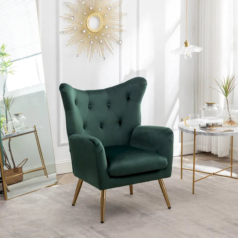 Fauteuil d'appoint dossier capitonné en velours vert / bleu / jaune avec pieds en métal doré - Utilisation unique