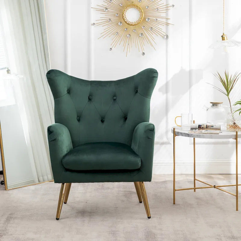 Fauteuil d'appoint dossier capitonné en velours vert / bleu / jaune avec pieds en métal doré - Utilisation unique