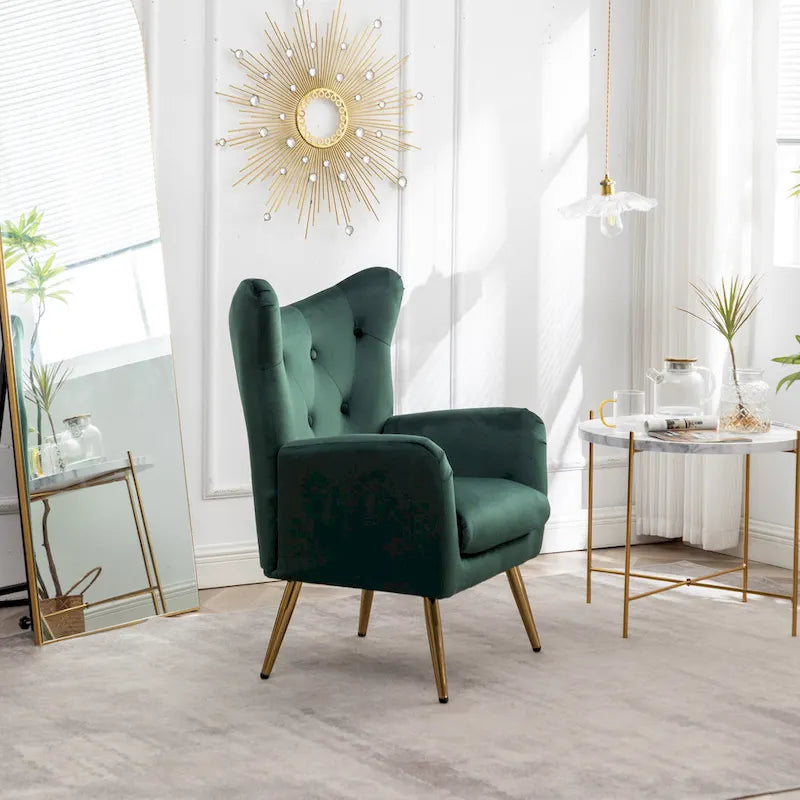 Fauteuil d'appoint dossier capitonné en velours vert / bleu / jaune avec pieds en métal doré - Utilisation unique