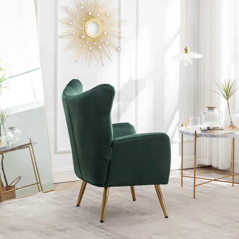 Fauteuil d'appoint dossier capitonné en velours vert / bleu / jaune avec pieds en métal doré - Utilisation unique