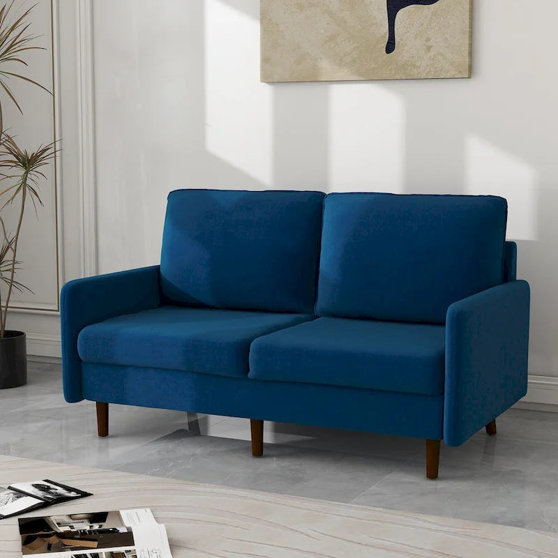 Causeuse moderne en velours blanc / bleu / roux / gris / cyan grisâtre / jaune avec pieds en bois - Pour 2 personnes