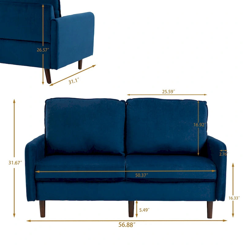 Causeuse moderne en velours blanc / bleu / roux / gris / cyan grisâtre / jaune avec pieds en bois - Pour 2 personnes