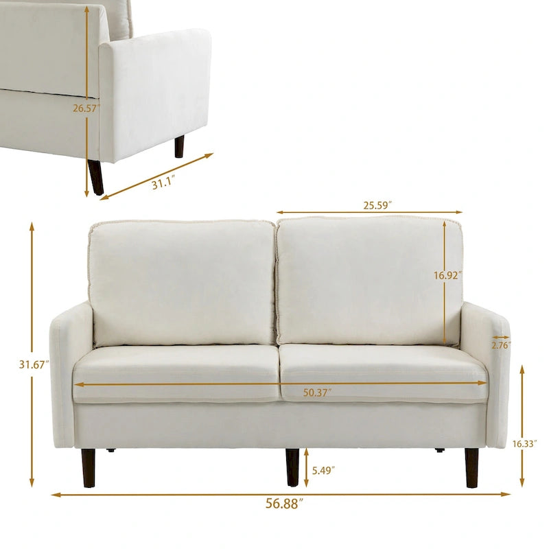 Causeuse moderne en velours blanc / bleu / roux / gris / cyan grisâtre / jaune avec pieds en bois - Pour 2 personnes