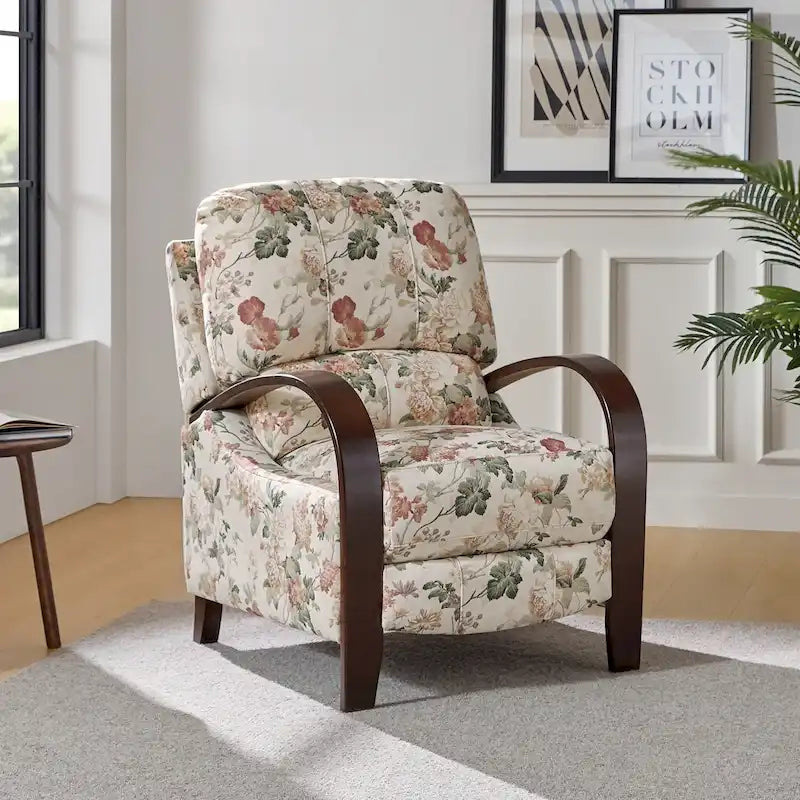 Fauteuil inclinable manuel en polyester à motifs floraux rouge/bleu/gris avec accoudoirs incurvés - Usage unique