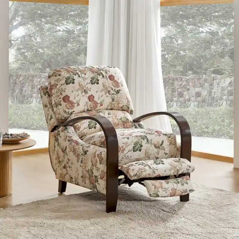 Fauteuil inclinable manuel en polyester à motifs floraux rouge/bleu/gris avec accoudoirs incurvés - Usage unique