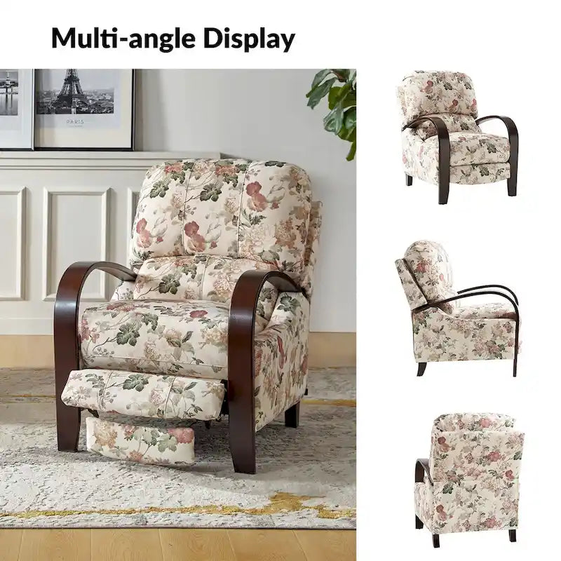 Fauteuil inclinable manuel en polyester à motifs floraux rouge/bleu/gris avec accoudoirs incurvés - Usage unique
