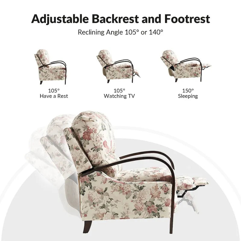 Fauteuil inclinable manuel en polyester à motifs floraux rouge/bleu/gris avec accoudoirs incurvés - Usage unique